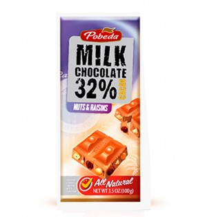 Tableta Chocolate c/Leche
avellana pasas 32%Cacao
100GPobeda